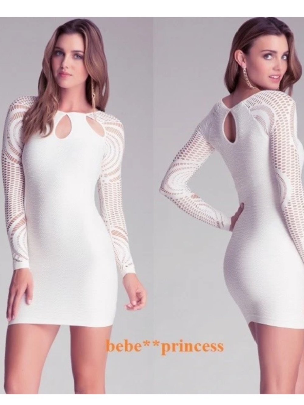 NEW Bebe cream ivory Crochet slash lace cutout bodycon top dress S XS XXS